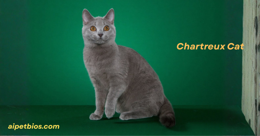 Sitting Chartreux cat with blue-gray fur and orange eyes against a green background. Text: "Chartreux Cat aipetbios.com".