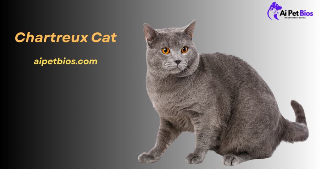 A sturdy Chartreux cat with thick gray fur and vibrant orange eyes sits looking to the side against a gradient gray-to-black background. Text: "Chartreux Cat aipetbios.com" and "Ai Pet Bios" logo.