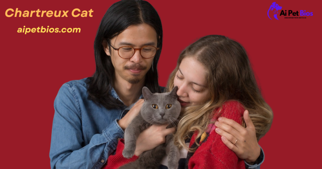 A man in a denim shirt and a woman in a red sweater cuddle a gray Chartreux cat against a solid red background. Text: "Chartreux Cat aipetbios.com" and "Ai Pet Bios" logo.