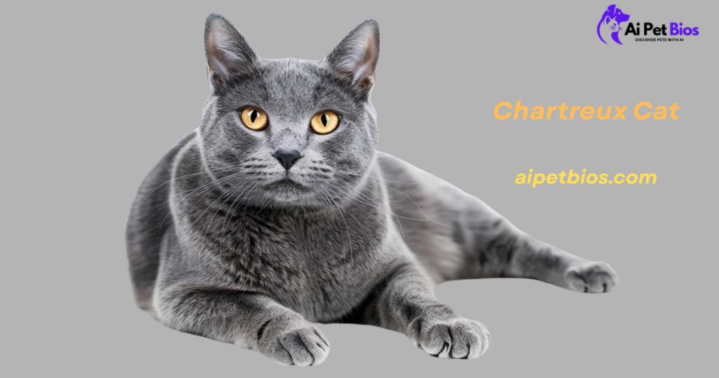 A Chartreux cat with blue-gray fur and copper eyes lies against a gray background. Text: "Chartreux Cat aipetbios.com" and "Ai Pet Bios" logo.