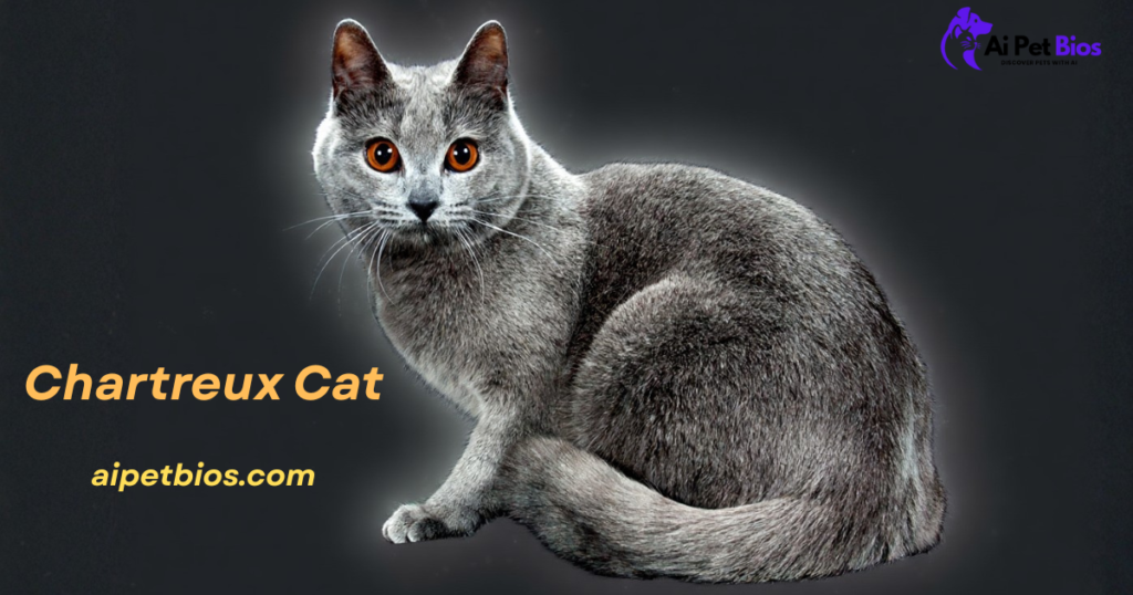 A grey Chartreux cat with thick fur and striking orange eyes sitting against a dark background with a subtle glow effect. Text overlays: "Chartreux Cat" and "aipetbios.com".