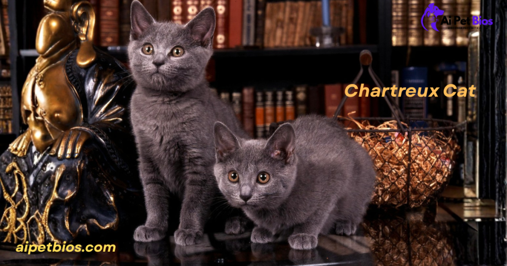Two gray Chartreux kittens with copper eyes sit in front of a bookshelf and gold statue. Text: "Chartreux Cat aipetbios.com" and "Ai Pet Bios" logo.