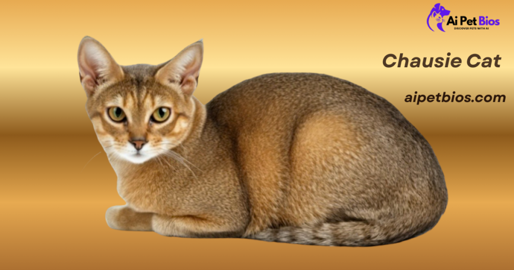 A Chausie cat with large ears and golden eyes lying down against a warm gold gradient background. Text: Chausie Cat, aipetbios.com. Logo: Ai Pet Bios.