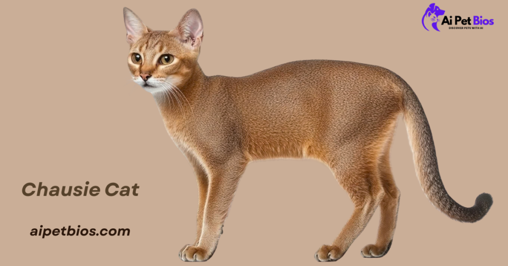 A slender Chausie cat standing in profile, showing a long body and high cheekbones on a tan background. Text: Chausie Cat, aipetbios.com. Logo: Ai Pet Bios.