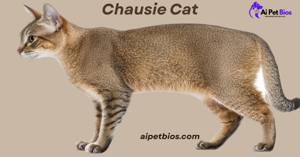 A profile view of an athletic Chausie cat with a ticked brown coat. Text: Chausie Cat, aipetbios.com. Logo: Ai Pet Bios.