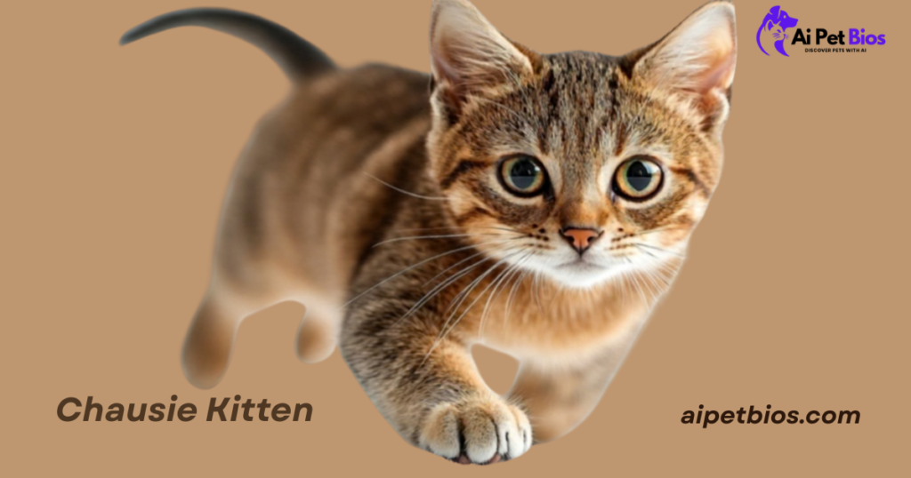 A close-up of a fluffy Chausie kitten with large, curious eyes pouncing forward on a tan background. Text: Chausie Kitten, aipetbios.com. Logo: Ai Pet Bios.