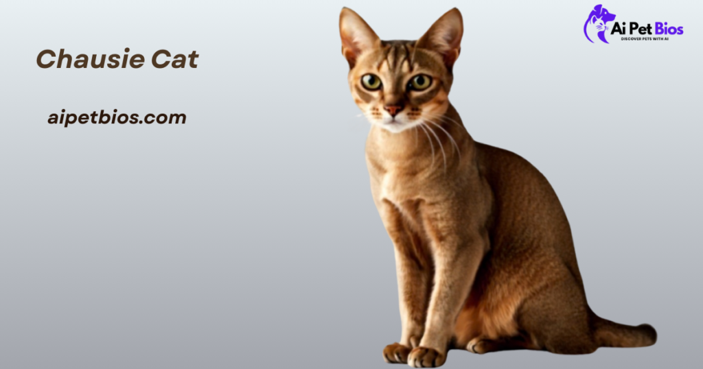 A Chausie cat with a golden-brown coat sits against a grey gradient. Text: Chausie Cat, aipetbios.com. Logo: Ai Pet Bios.