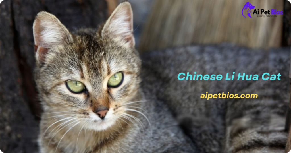 A close-up of a Chinese Li Hua cat with green eyes and a thick, ticked tabby coat. The cat is resting outdoors against a rustic wooden background. Text overlay: "Ai Pet Bios", "Chinese Li Hua Cat", and "aipetbios.com".