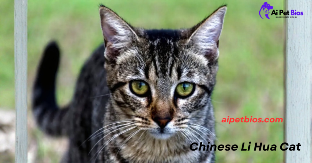 A Chinese Li Hua cat with striking green eyes and a brown tabby coat looks forward. Text: "Ai Pet Bios", "aipetbios.com", "Chinese Li Hua Cat".