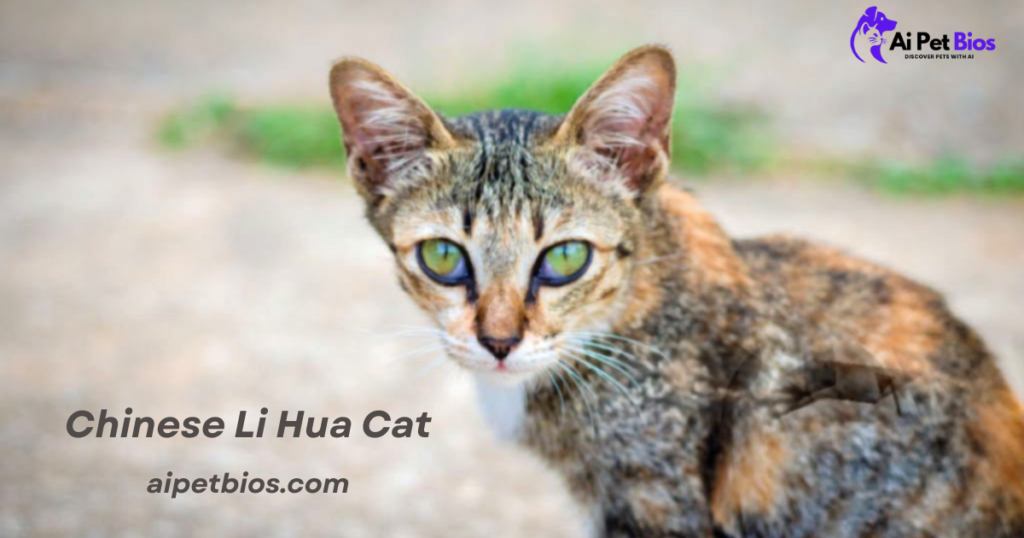 A Chinese Li Hua Cat with striking green eyes and a brown tabby coat. Text reads: "Chinese Li Hua Cat aipetbios.com".