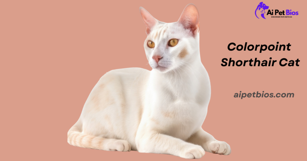 A slender Colorpoint Shorthair cat with cream fur and light orange markings rests against a peach background. Text reads: "Colorpoint Shorthair Cat" and "aipetbios.com" with a logo in the corner.