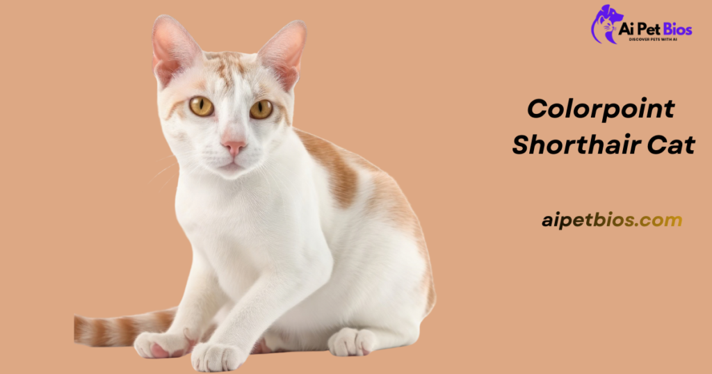 A white Colorpoint Shorthair cat with light orange markings on its head and back sits against a solid peach background. The cat has striking golden eyes and looks directly at the camera. Text reads: "Colorpoint Shorthair Cat" and "aipetbios.com".