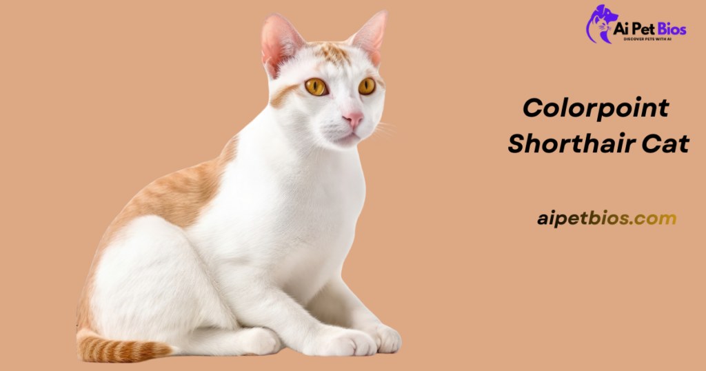 A Colorpoint Shorthair cat with a white body and orange-ringed tail sits in profile against a peach background, looking to the right. Text reads: "Colorpoint Shorthair Cat" and "aipetbios.com".