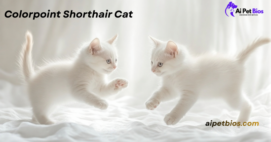 Two fluffy white kittens playfully pounce toward each other on a white bed with soft lighting. Text at the top reads "Colorpoint Shorthair Cat" and "aipetbios.com" is in the bottom right.