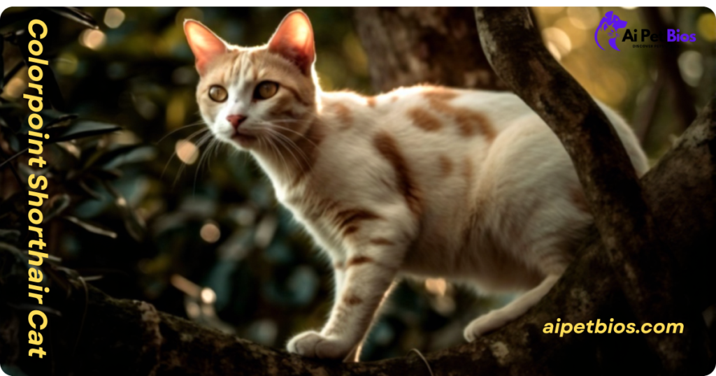 An orange and white spotted Colorpoint Shorthair cat perched on a tree branch in dappled sunlight. Text reads: "Colorpoint Shorthair Cat" and "aipetbios.com".