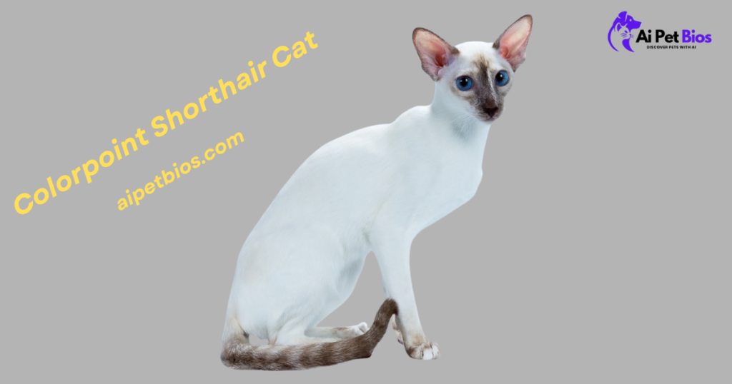 A slender Colorpoint Shorthair cat with blue eyes and dark points on a gray background. Text: "Colorpoint Shorthair Cat aipetbios.com" and "Ai Pet Bios" logo.