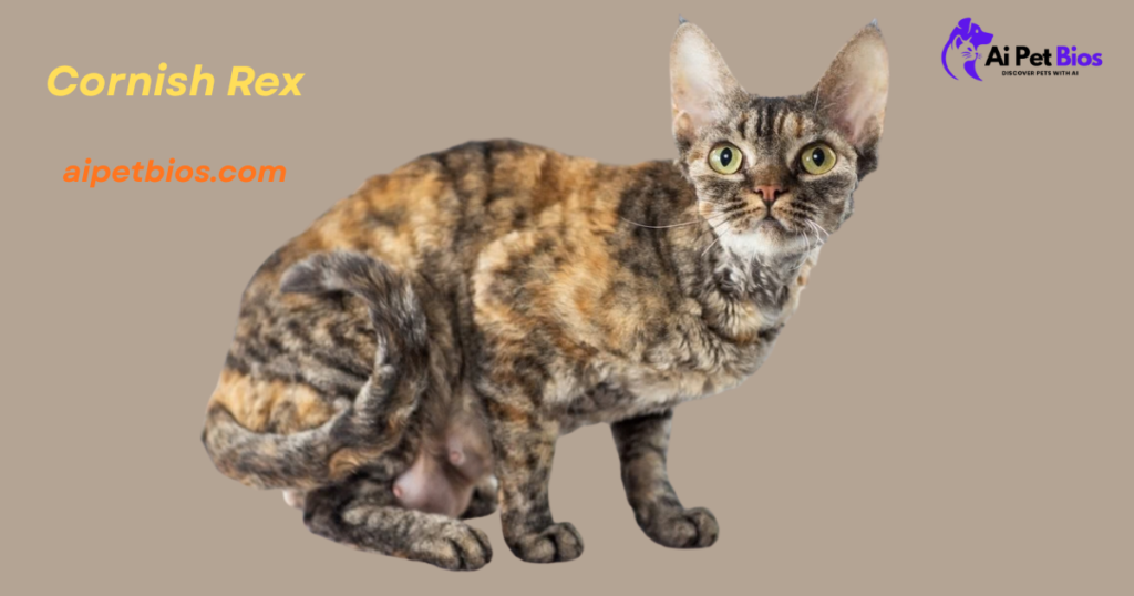 A Cornish Rex cat with a tortoiseshell coat and large ears on a tan background with text: "Cornish Rex aipetbios.com."