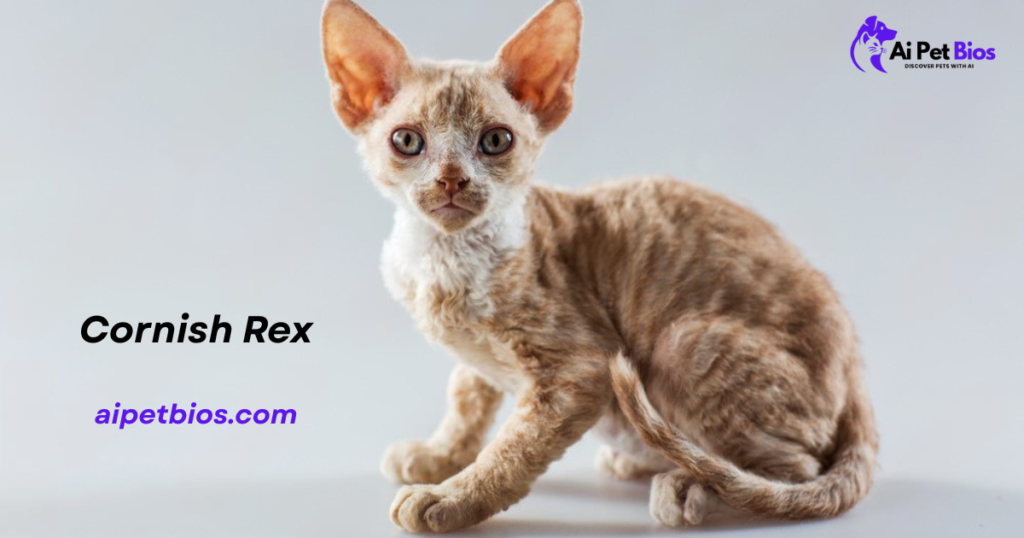A Cornish Rex cat with curly ginger and white fur and large ears. Text: "Cornish Rex aipetbios.com" with a logo.