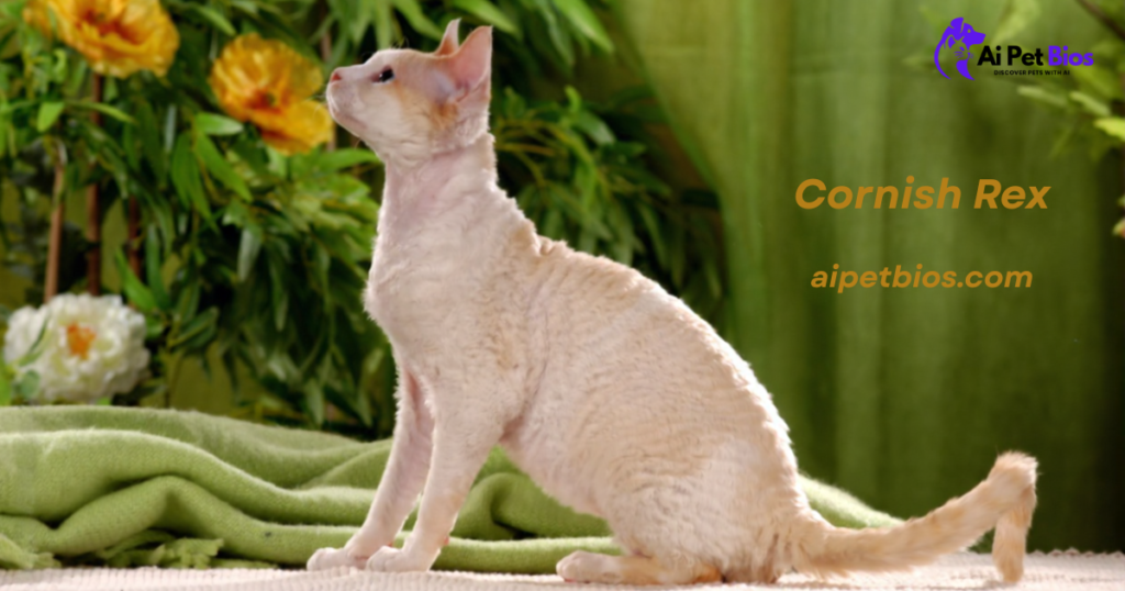 Side profile of a Cornish Rex cat with cream-colored wavy fur, looking upward in a lush setting with yellow flowers. Text: "Cornish Rex aipetbios.com" with a logo.