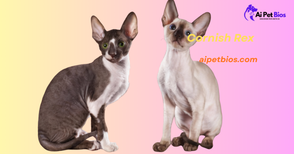 Two Cornish Rex cats with wavy fur and large ears on a yellow-to-pink gradient background with text: "Cornish Rex aipetbios.com".