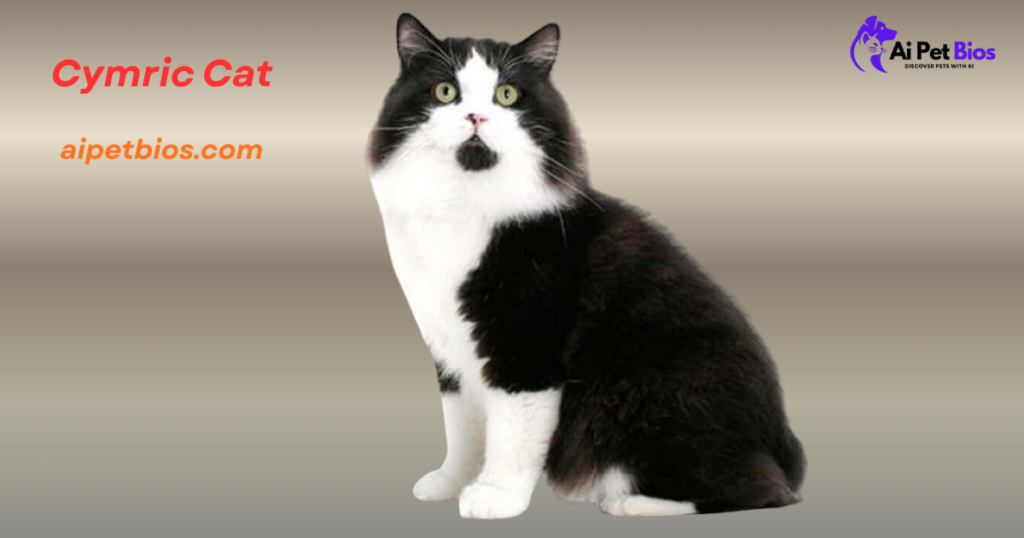 A black and white tuxedo Cymric cat sitting against a gradient background. Text: "Cymric Cat aipetbios.com".