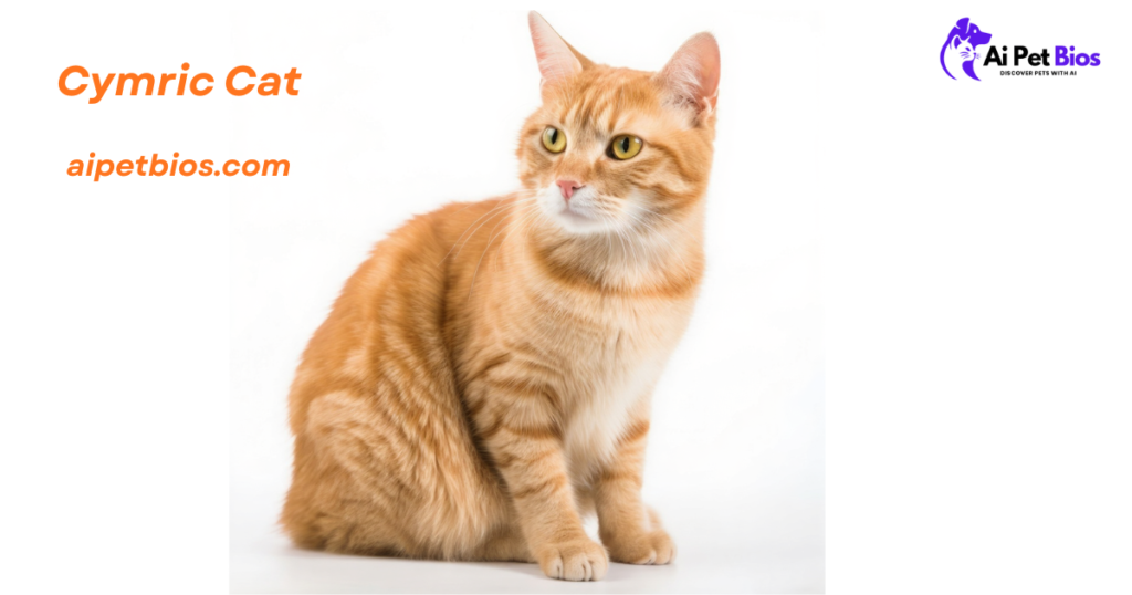 An orange tabby Cymric cat with golden eyes sitting on a white background, looking to the side. Text: "Cymric Cat aipetbios.com".