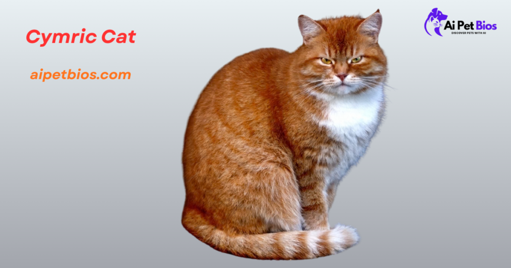 A stout adult ginger tabby Cymric cat with a white chest and a thick, ringed tail sitting against a grey gradient background. Text: "Cymric Cat aipetbios.com".