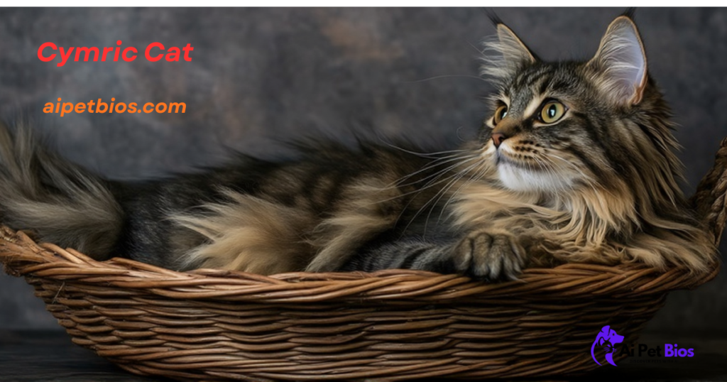 A long-haired brown tabby Cymric cat with tufted ears lying comfortably inside a woven wicker basket. Text: "Cymric Cat aipetbios.com".