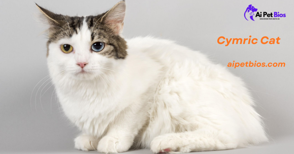 A white and brown long-haired Cymric cat with heterochromia (one yellow eye, one blue eye). Text: "Cymric Cat aipetbios.com".