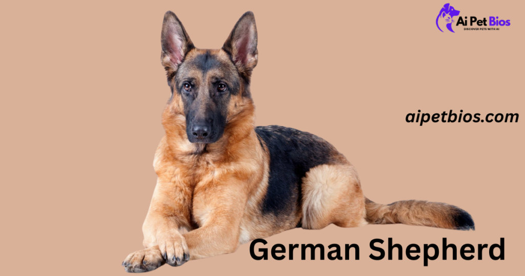 An adult German Shepherd dog lying down against a tan background with the text "German Shepherd" and "aipetbios.com".