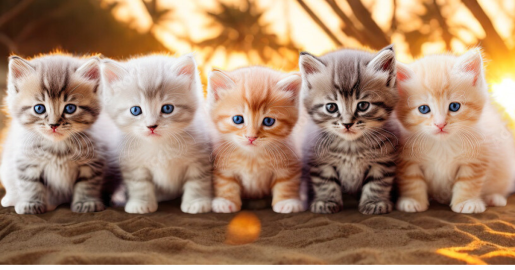 A row of five kittens with blue eyes sits on a wooden surface.
