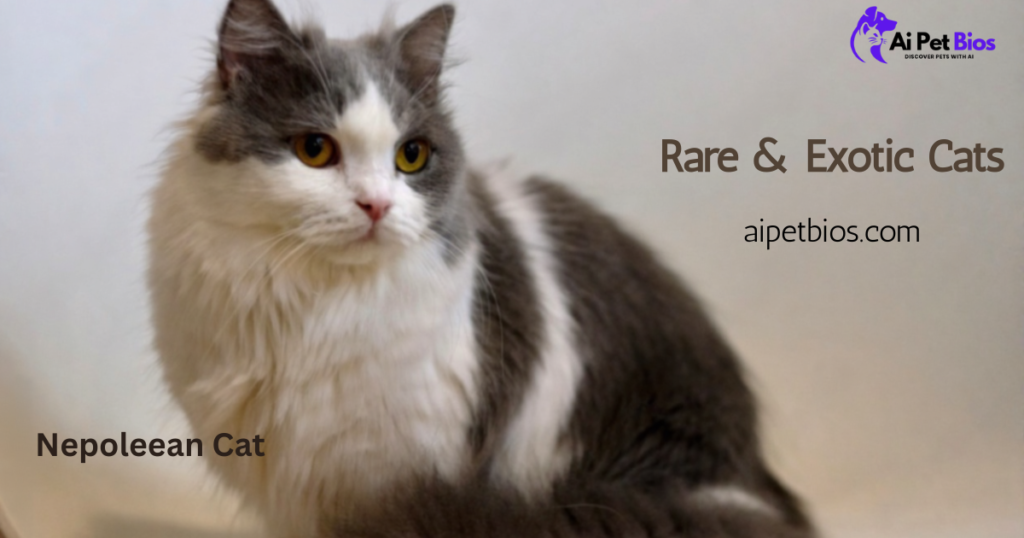 A fluffy grey and white Napoleon cat with amber eyes. Text reads "Rare & Exotic Cats," "aipetbios.com," and "Nepoleean Cat."