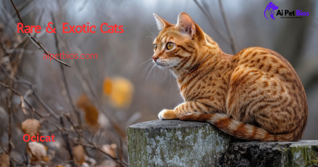 Spotted orange Ocicat sitting on a wooden post outdoors. Red text reads "Rare & Exotic Cats," "aipetbios.com," and "Ocicat."