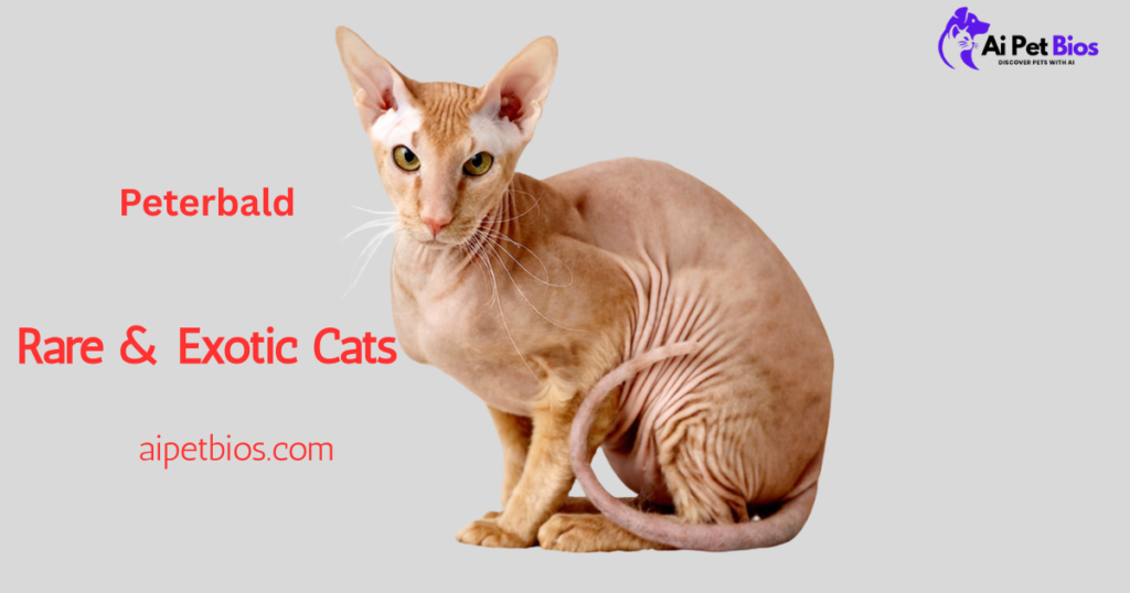 A hairless, wrinkled Peterbald cat with large ears and light-colored eyes sits against a grey background. Red text reads "Peterbald," "Rare & Exotic Cats," and "aipetbios.com."