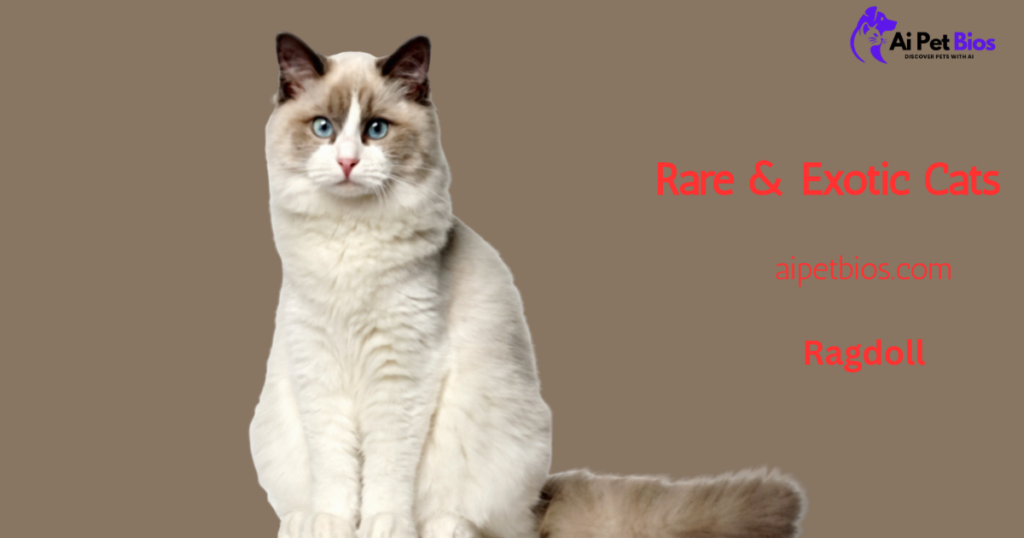 A blue-eyed Ragdoll cat with pointed markings and a white blaze on its nose. Red text on a brown background reads "Rare & Exotic Cats," "aipetbios.com," and "Ragdoll."