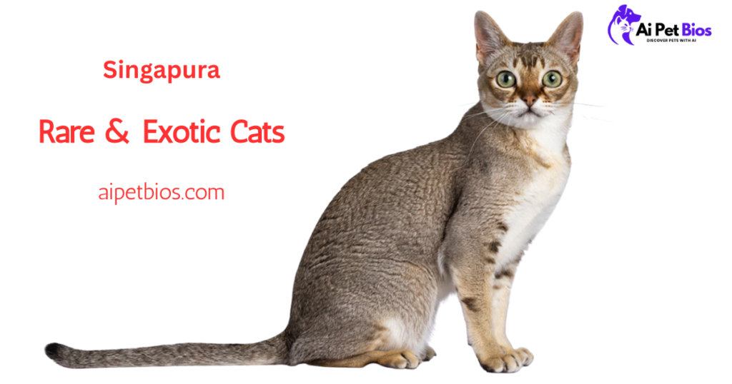 A small, beige Singapura cat with large green eyes and a ticked coat sits against a white background. Red text to the left reads "Singapura," "Rare & Exotic Cats," and "aipetbios.com."