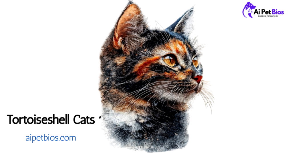 Close-up digital illustration of a tortoiseshell cat's profile against a white background. Text: Tortoiseshell Cats aipetbios.com.