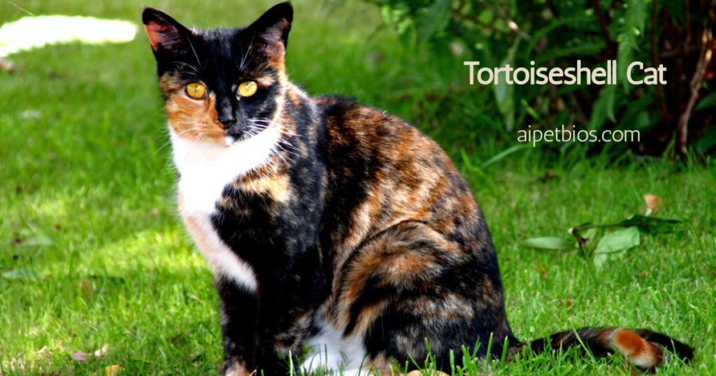 A calico-tortoiseshell cat with a distinctive split-colored face and white chest sits in a lush green grassy area. Text: Tortoiseshell Cat aipetbios.com.