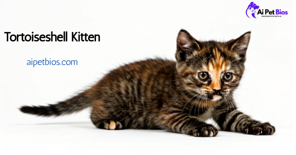 A tortoiseshell kitten with a distinctive orange facial blaze crouches on a white background. Text: Tortoiseshell Kitten aipetbios.com.