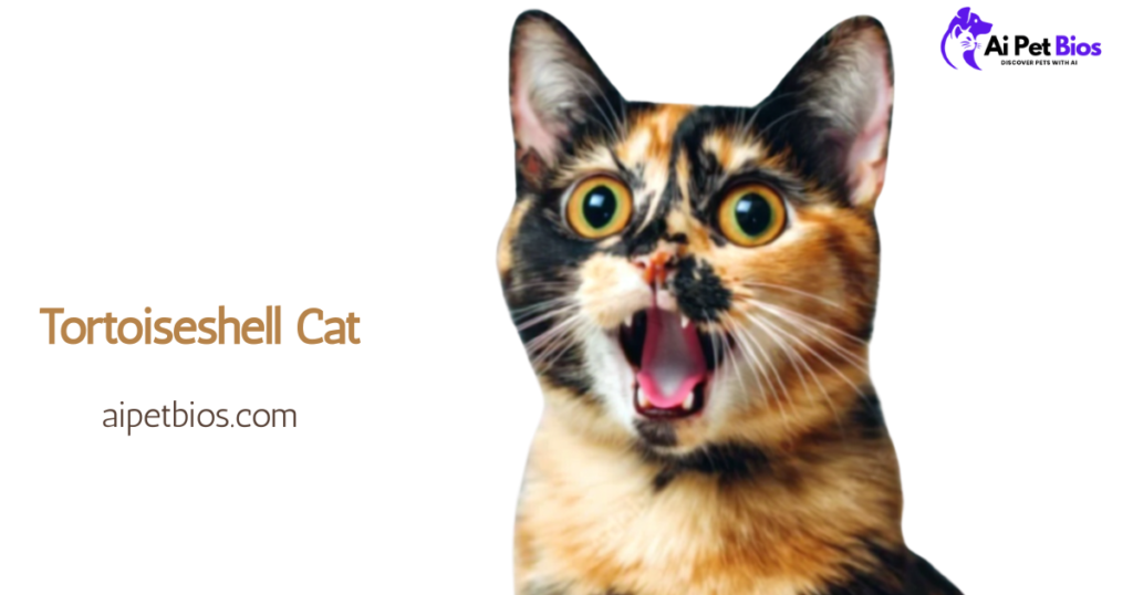 Close-up of a tortoiseshell cat with its mouth wide open as if meowing or yawning, set against a plain white background. Text: Tortoiseshell Cat aipetbios.com.