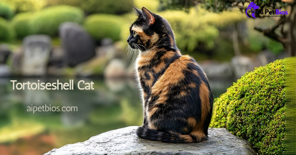 A tortoiseshell cat sits on a large rock overlooking a pond in a lush, green garden. The cat is seen from the side, showcasing its mottled black and orange coat. Text: Tortoiseshell Cat aipetbios.com.
