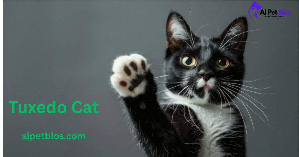 ALT TEXT ONLY
Custom Gem
A tuxedo cat with wide yellow eyes and long white whiskers raises a paw against a gray background. Green text reads "Tuxedo Cat" and "aipetbios.com". The Ai Pet Bios logo is in the top right corner.