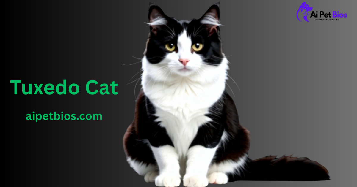 "A long-haired tuxedo cat with black and white fur sitting against a gray and black background."