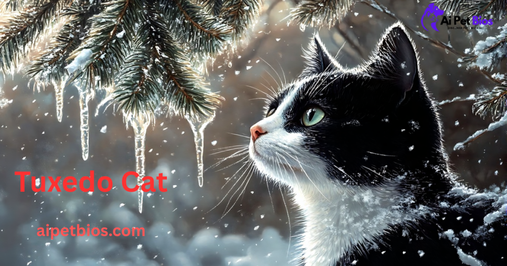 A black and white tuxedo cat gazes upward at snow-covered pine branches and icicles in a magical winter setting. Red text reads "Tuxedo Cat" and "aipetbios.com," with the Ai Pet Bios logo in the upper right.