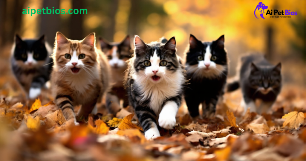 A horizontal lineup of six diverse cats against a white background, including a calico, a tabby kitten standing on hind legs, a grey longhair, a fluffy white Persian, and a large brown tabby Maine Coon. The text aipetbios.com is in the top left, and the Ai Pet Bios logo is in the top right.
