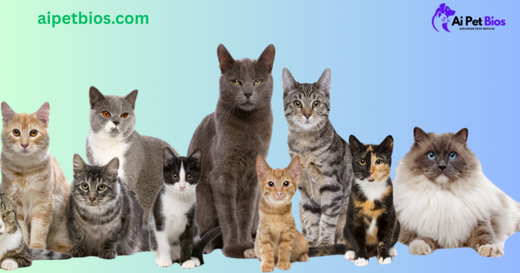 A composite image featuring nine cats of various breeds and coat patterns, including ginger, grey, tuxedo, and calico, against a blue and green gradient background. The text "aipetbios.com" appears in the top left, and the "Ai Pet Bios" logo is in the top right.
