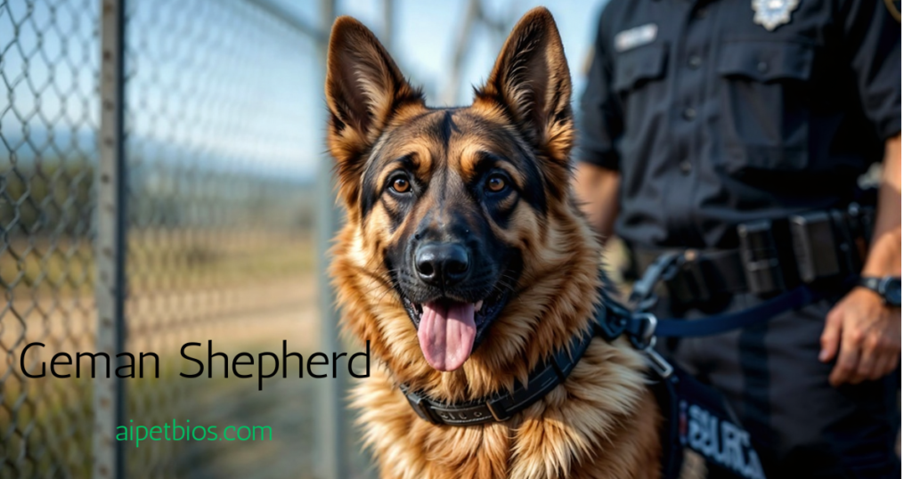 Close-up of an alert German Shepherd with its tongue out, standing next to a police officer by a chain-link fence. The dog wears a black tactical collar and harness. Black text on the left reads "Geman Shepherd" with "aipetbios.com" in green below it.