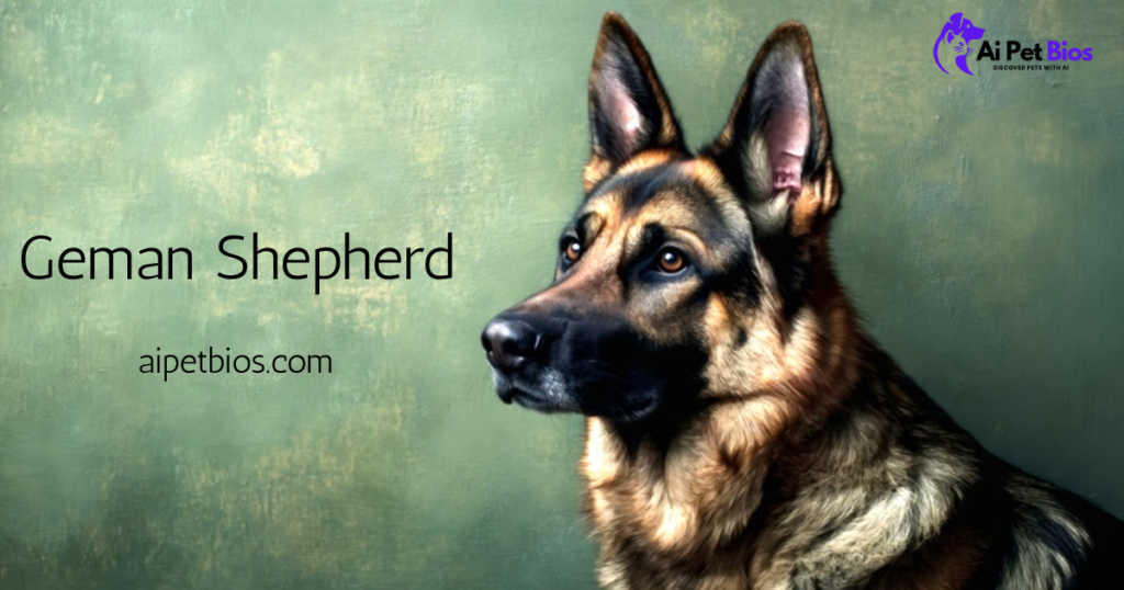 A profile portrait of an adult German Shepherd with alert ears against a textured green background. Text: "Geman Shepherd" and "aipetbios.com".