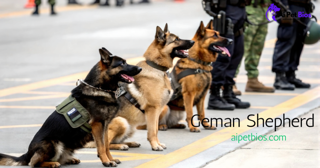 Close-up of an alert German Shepherd with its tongue out, standing next to a police officer by a chain-link fence. The dog wears a black tactical collar and harness. Black text on the left reads "Geman Shepherd" with "aipetbios.com" in green below it.