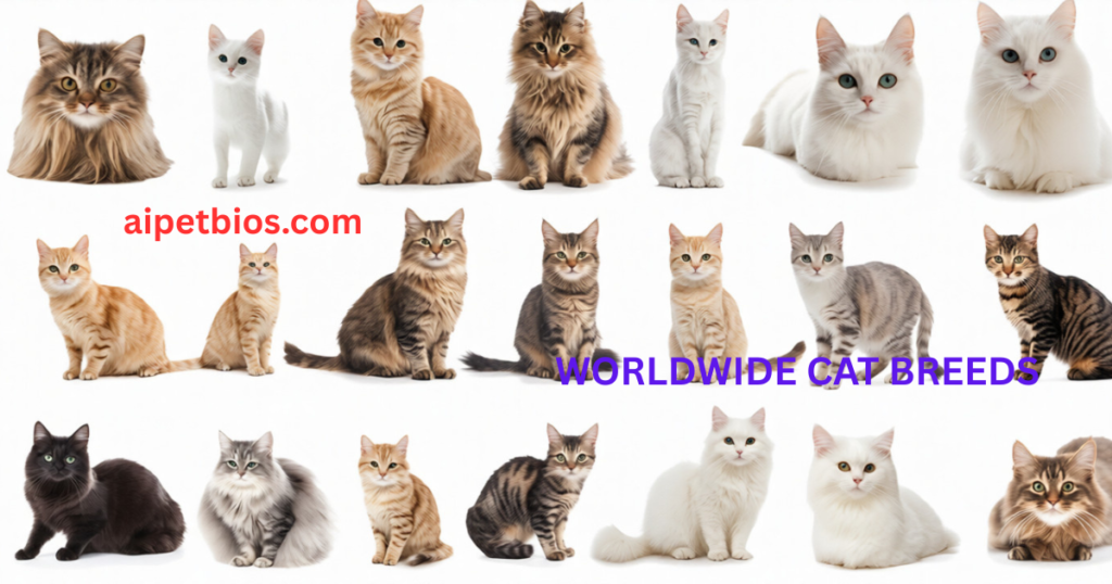 A collection of 21 individual cats of various breeds, sizes, and colors arranged in three rows against a plain white background. The selection includes long-haired breeds like Persians or Siberians and short-haired tabbies in shades of orange, grey, brown, and solid white. Red text on the left side reads "aipetbios.com" and purple text on the right side reads "WORLDWIDE CAT BREEDS".